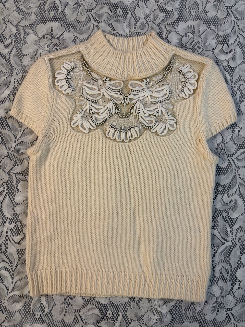 Alice & Olivia Wool Blend Mock-Neck White Beaded Mesh Floral Accented Sweater